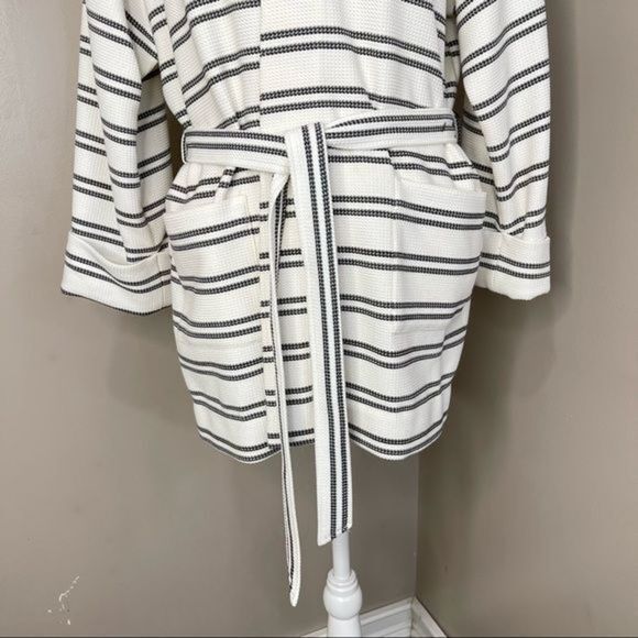 Bathrobe Sz L Waffle White & Black Stripes tie - Picture 7 of 12
